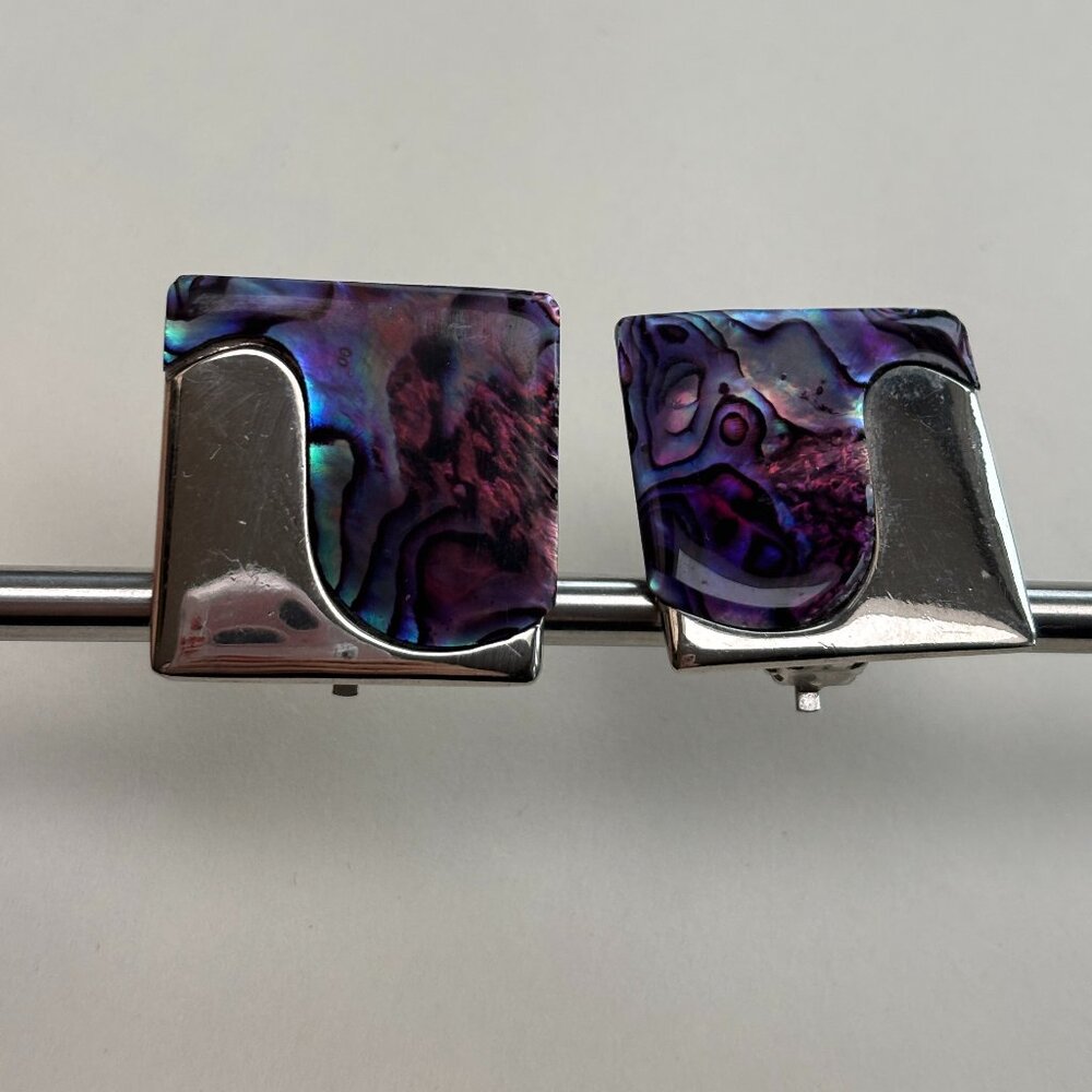 Vintage Abalone + Silver toned Wavy Square Statement Clip-on Earrings